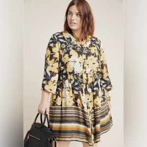 Blånk London Floral Stripe Tiered Shirt Dress Tunic Boho 3/4 Sleeve 2X Earthy